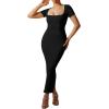 imageMOOSLOVER Women Square Neck Short Sleeve Maxi Dress Ribbed Seamless Bodycon Dresses Soft Lounge Dress