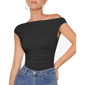 imageMOOSLOVER Women Off The Shoulder Tops Double Lined Fitted T Shirts Y2K Going Out Crop TopsBlack