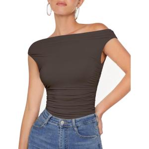 imageMOOSLOVER Women Off The Shoulder Tops Double Lined Fitted T Shirts Y2K Going Out Crop TopsCoffe