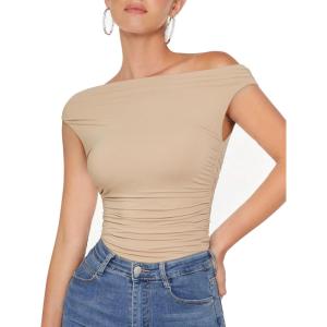 imageMOOSLOVER Women Off The Shoulder Tops Double Lined Fitted T Shirts Y2K Going Out Crop TopsNude