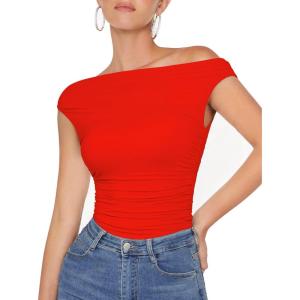 imageMOOSLOVER Women Off The Shoulder Tops Double Lined Fitted T Shirts Y2K Going Out Crop TopsRed