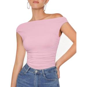 imageMOOSLOVER Women Off The Shoulder Tops Double Lined Fitted T Shirts Y2K Going Out Crop TopsRose
