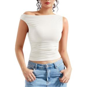 imageMOOSLOVER Women Off The Shoulder Tops Double Lined Fitted T Shirts Y2K Going Out Crop TopsWhite