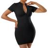 imageMOOSLOVER Women Zip Front Short Sleeve Mini Dress Ribbed Seamless Bodycon Lounge Dresses