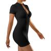 imageMOOSLOVER Women Zip Front Short Sleeve Mini Dress Ribbed Seamless Bodycon Lounge Dresses