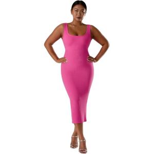 imageMOOSLOVER Women Shapewear Dress Builtin Bra Slip Dress Bodycon Dresses Sleeveless Maxi Club Party DressRose Red