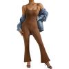 imageMOOSLOVER Women Ribbed One Piece Flare Jumpsuits Sleeveless Square Neck Tank Tops RompersBrown