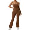 imageMOOSLOVER Women Ribbed One Piece Flare Jumpsuits Sleeveless Square Neck Tank Tops RompersBrown