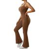 imageMOOSLOVER Women Ribbed One Piece Flare Jumpsuits Sleeveless Square Neck Tank Tops RompersBrown