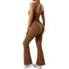 imageMOOSLOVER Women Ribbed One Piece Flare Jumpsuits Sleeveless Square Neck Tank Tops RompersBrown