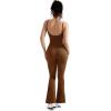 imageMOOSLOVER Women Ribbed One Piece Flare Jumpsuits Sleeveless Square Neck Tank Tops RompersBrown