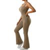 imageMOOSLOVER Women Ribbed One Piece Flare Jumpsuits Sleeveless Square Neck Tank Tops RompersCoffee
