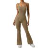 imageMOOSLOVER Women Ribbed One Piece Flare Jumpsuits Sleeveless Square Neck Tank Tops RompersCoffee