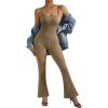 imageMOOSLOVER Women Ribbed One Piece Flare Jumpsuits Sleeveless Square Neck Tank Tops RompersCoffee