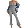 imageMOOSLOVER Women Ribbed One Piece Flare Jumpsuits Sleeveless Square Neck Tank Tops RompersGrey