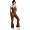 imageMOOSLOVER Women Ribbed One Piece Flare Jumpsuits Sleeveless Square Neck Tank Tops RompersBrown