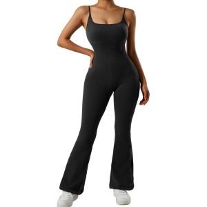imageMOOSLOVER Women Ribbed One Piece Flare Jumpsuits Sleeveless Square Neck Tank Tops RompersBlack