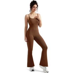 imageMOOSLOVER Women Ribbed One Piece Flare Jumpsuits Sleeveless Square Neck Tank Tops RompersBrown