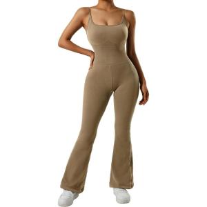 imageMOOSLOVER Women Ribbed One Piece Flare Jumpsuits Sleeveless Square Neck Tank Tops RompersCoffee