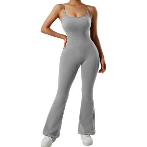 imageMOOSLOVER Women Ribbed One Piece Flare Jumpsuits Sleeveless Square Neck Tank Tops RompersGrey
