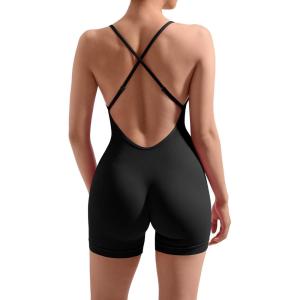 imageMOOSLOVER Women Strappy Backless Jumpsuits Tummy Control Bodycon Yoga Romper One Piece Workout Jumpsuit Shorts1 Black