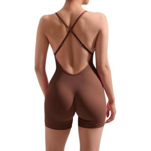 imageMOOSLOVER Women Strappy Backless Jumpsuits Tummy Control Bodycon Yoga Romper One Piece Workout Jumpsuit Shorts1 Brown