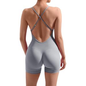 imageMOOSLOVER Women Strappy Backless Jumpsuits Tummy Control Bodycon Yoga Romper One Piece Workout Jumpsuit Shorts1 Grey