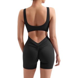 imageMOOSLOVER Women Strappy Backless Jumpsuits Tummy Control Bodycon Yoga Romper One Piece Workout Jumpsuit Shorts4 Black