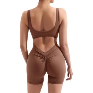 imageMOOSLOVER Women Strappy Backless Jumpsuits Tummy Control Bodycon Yoga Romper One Piece Workout Jumpsuit Shorts4 Brown