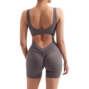 imageMOOSLOVER Women Strappy Backless Jumpsuits Tummy Control Bodycon Yoga Romper One Piece Workout Jumpsuit Shorts4 Gray Purple