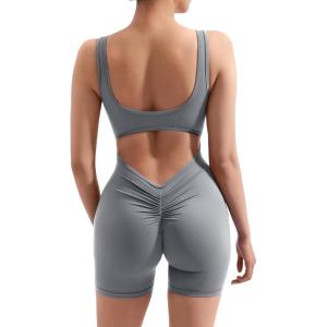 imageMOOSLOVER Women Strappy Backless Jumpsuits Tummy Control Bodycon Yoga Romper One Piece Workout Jumpsuit Shorts4 Grey