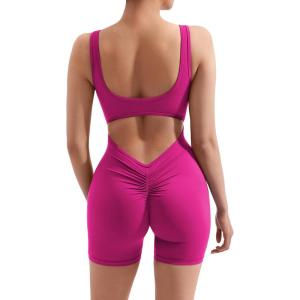imageMOOSLOVER Women Strappy Backless Jumpsuits Tummy Control Bodycon Yoga Romper One Piece Workout Jumpsuit Shorts4 Rosepink