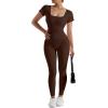 imageMOOSLOVER Women Ribbed One Piece Jumpsuits Square Neck Long Sleeve Workout Yoga Jumpsuits2 Brownshort Sleeve