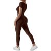 imageMOOSLOVER Women Ribbed One Piece Jumpsuits Square Neck Long Sleeve Workout Yoga Jumpsuits2 Brownshort Sleeve