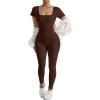 imageMOOSLOVER Women Ribbed One Piece Jumpsuits Square Neck Long Sleeve Workout Yoga Jumpsuits2 Brownshort Sleeve