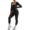 imageMOOSLOVER Women Ribbed One Piece Jumpsuits Square Neck Long Sleeve Workout Yoga Jumpsuits3 Blacksweetheart Neck