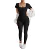 imageMOOSLOVER Women Short Sleeve Square Neck Jumpsuits Ribbed Seamless One Piece Workout Bodycon Romper