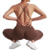 imageMOOSLOVER Women Strappy Backless One Piece Jumpsuits Tummy Control Padded Workout Rompers1 Brown