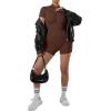 imageMOOSLOVER Women Zip Front Mock Neck Shorts Jumpsuit Ribbed Seamless One Piece Workout Bodycon RomperBrown