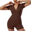 imageMOOSLOVER Women Zip Front Mock Neck Shorts Jumpsuit Ribbed Seamless One Piece Workout Bodycon RomperBrown