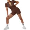 imageMOOSLOVER Women Zip Front Mock Neck Shorts Jumpsuit Ribbed Seamless One Piece Workout Bodycon RomperBrown