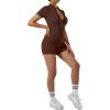 imageMOOSLOVER Women Zip Front Mock Neck Shorts Jumpsuit Ribbed Seamless One Piece Workout Bodycon RomperBrown