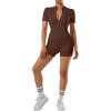imageMOOSLOVER Women Zip Front Mock Neck Shorts Jumpsuit Ribbed Seamless One Piece Workout Bodycon RomperBrown