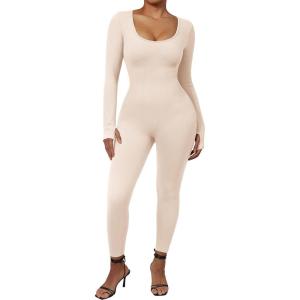 imageMOOSLOVER Women Ribbed One Piece Jumpsuits Square Neck Long Sleeve Workout Yoga Jumpsuits1 Apricotlong Sleeve