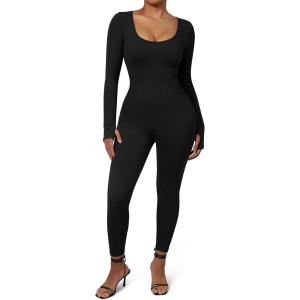 imageMOOSLOVER Women Ribbed One Piece Jumpsuits Square Neck Long Sleeve Workout Yoga Jumpsuits1 Blacklong Sleeve