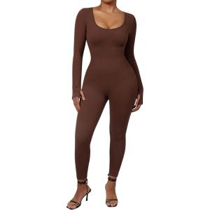 imageMOOSLOVER Women Ribbed One Piece Jumpsuits Square Neck Long Sleeve Workout Yoga Jumpsuits1 Brownlong Sleeve