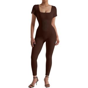 imageMOOSLOVER Women Ribbed One Piece Jumpsuits Square Neck Long Sleeve Workout Yoga Jumpsuits2 Brownshort Sleeve