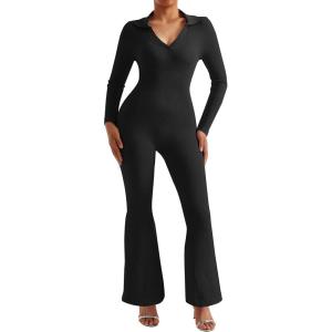 imageMOOSLOVER Women Ribbed One Piece Jumpsuits Square Neck Long Sleeve Workout Yoga Jumpsuits3 Blackcollared Neck