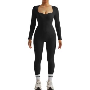 imageMOOSLOVER Women Ribbed One Piece Jumpsuits Square Neck Long Sleeve Workout Yoga Jumpsuits3 Blacksweetheart Neck