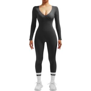 imageMOOSLOVER Women Ribbed One Piece Jumpsuits Square Neck Long Sleeve Workout Yoga Jumpsuits3 Blackv Neck